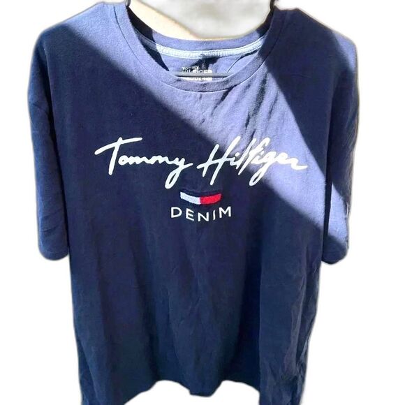 Tommy Hilfiger Shirt Mens Blue Casual Fleece Logo Short Sleeve Classic - Picture 2 of 4